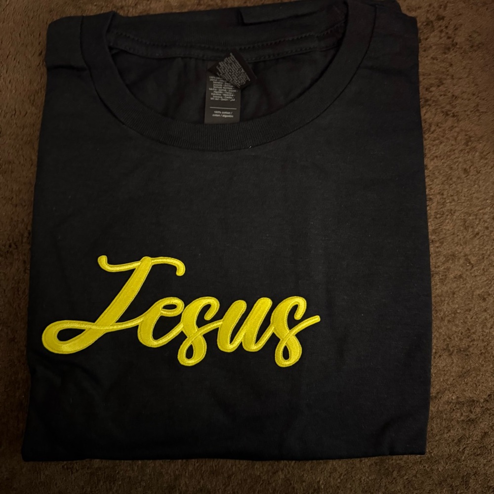 Black Tee with Yellow 'Jesus' Design